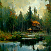 Oil Painting Cabin In The Forest Landscape Poster