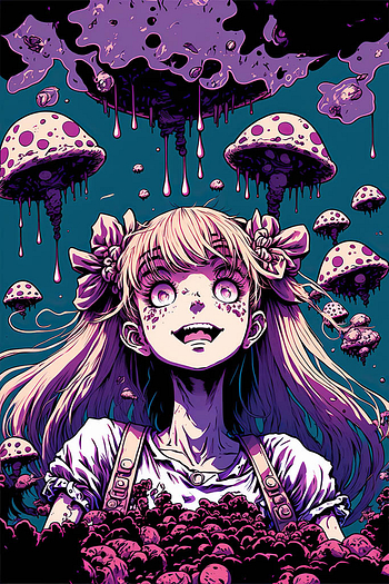 Manga Girl tripping On Mushrooms Wall Art Poster