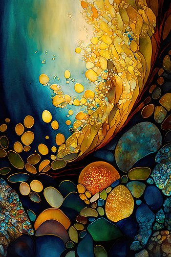 Fine Art Pointillism seaglass golden Gems abstract