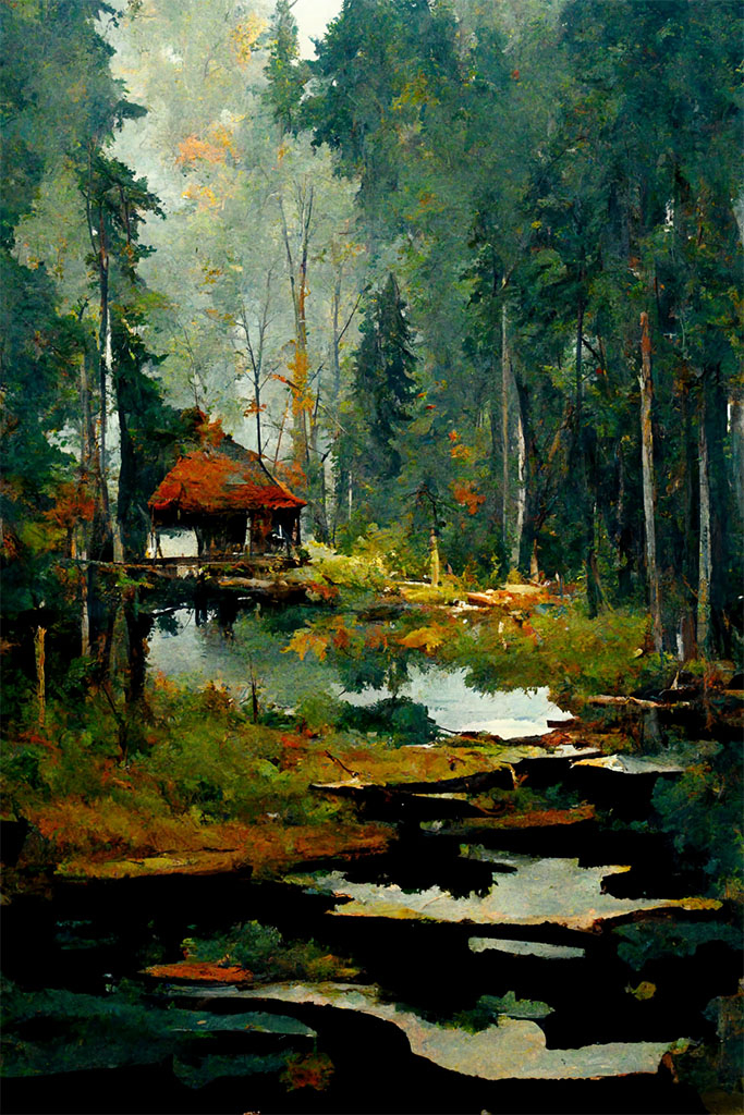 Oil Painting Cabin In The Forest Landscape Poster