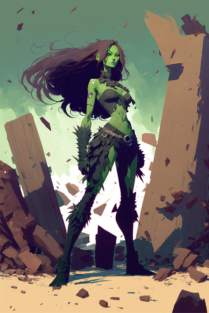Comic Style Green Alien Warrior Female
