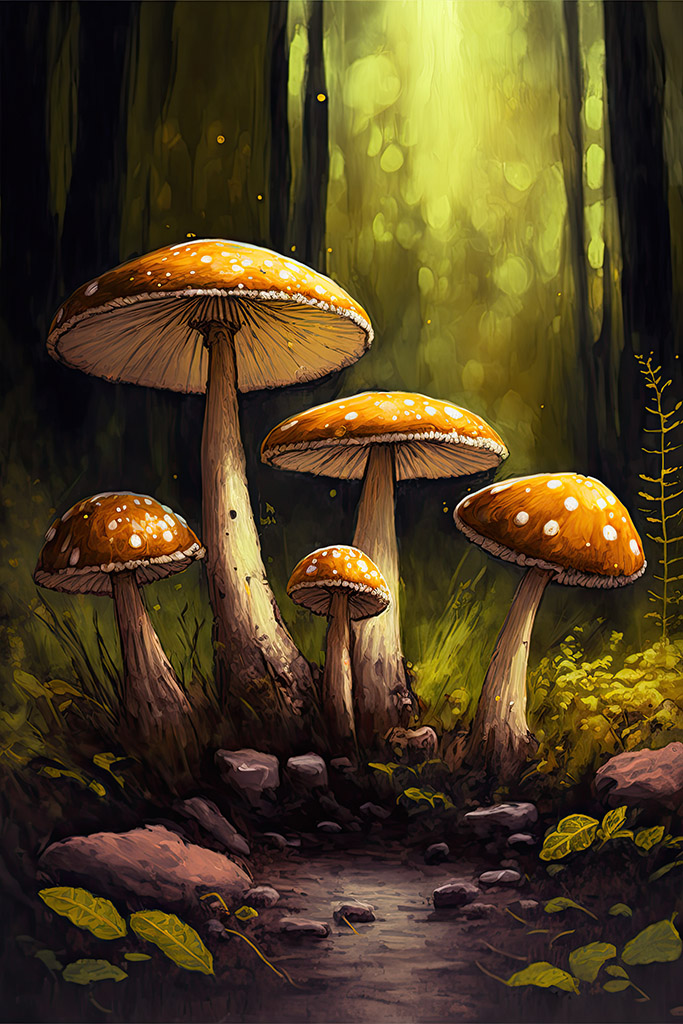 Oil Painting Mushrooms Forest Wall Poster